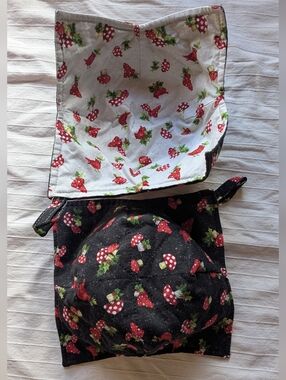 Red Strawberry & Cardinal Print Cotton Bowl Cozies 2= 1 Pair